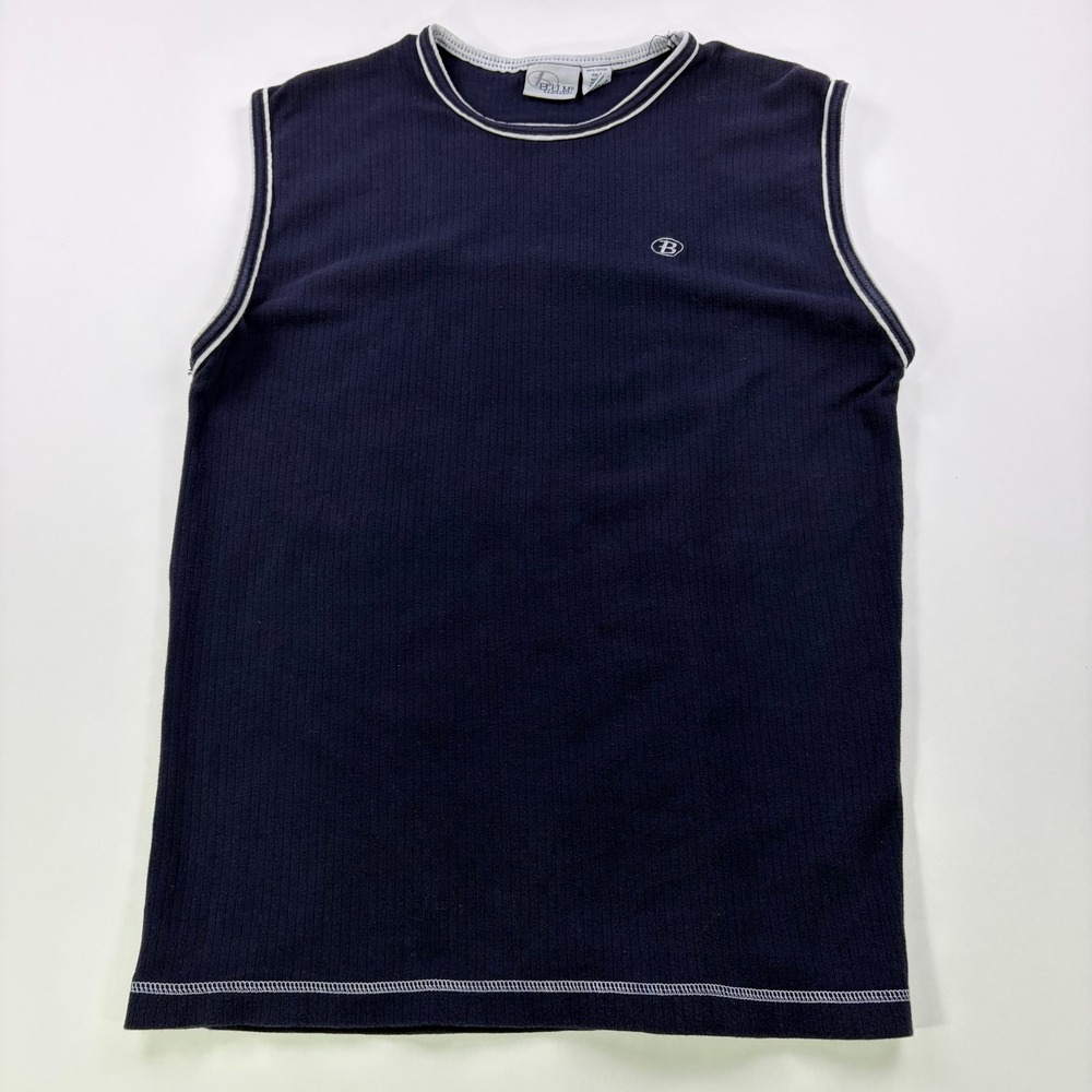 B.U.M. Equipment Ribbed Muscle Tee Mens Large Navy Blue Contrast Trim Vintage